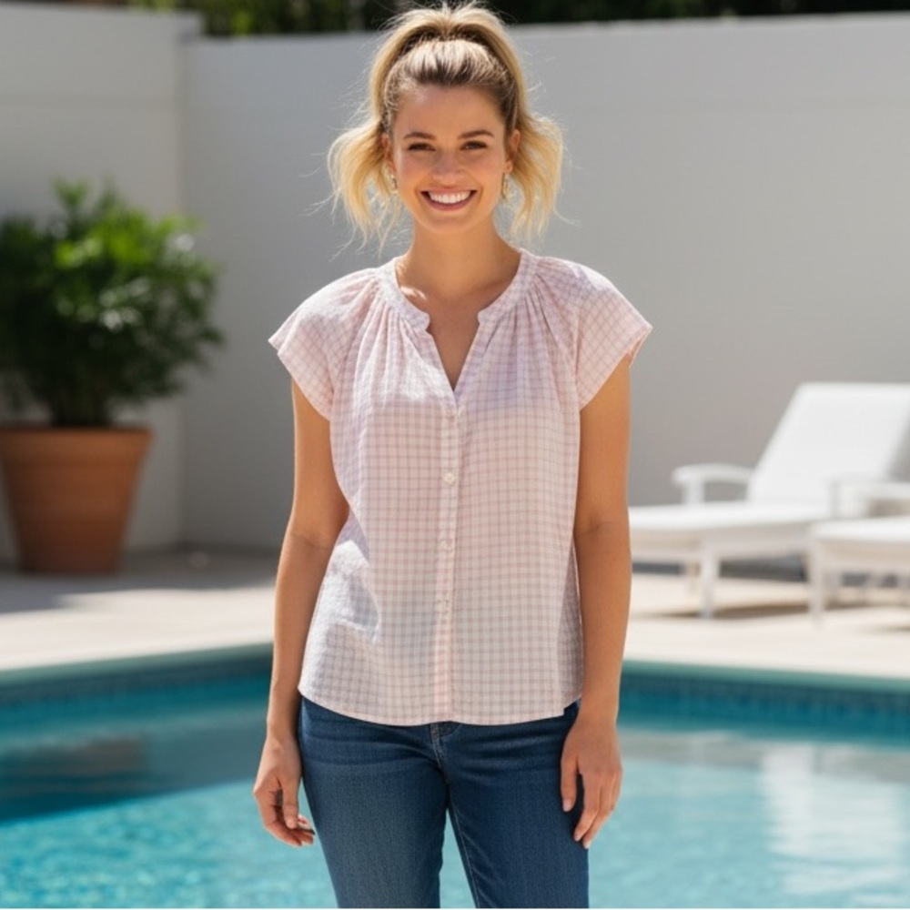 NWT Rails Women’s Alena Flutter Sleeve Soft Rose Check Top Blouse‎ Summer